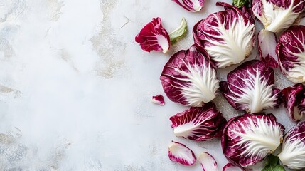 Wall Mural - Bright radicchio leaves are artfully spread on a white background, highlighting their color