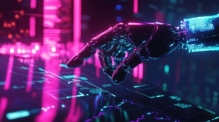Poster - Robotic Hand Interacting with Futuristic Digital Display Background