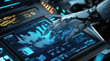 Poster - Futuristic Robot Touching Digital Interface with Data Visualization