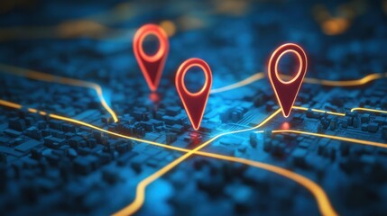 Poster - Digital City Map with Location Pins and Bright Pathways at Night