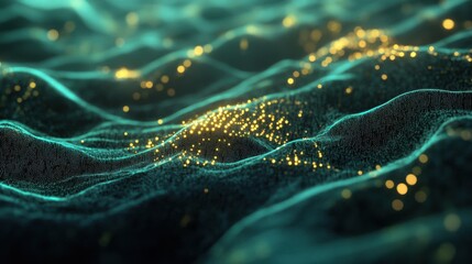 Wall Mural - Abstract Waves of Light with Glowing Particles in a Dark Background