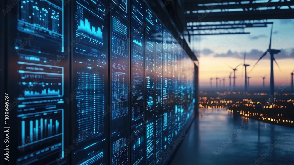 futuristic wind turbines farm or wind power plant with Scada system computer screen monitoring at operations controller room for operator engineer teamwork.