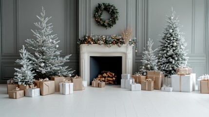 Canvas Print - Large room features three decorated Christmas trees, a cozy fireplace, and presents arranged elegantly around the festive setting