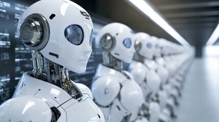 Poster - Futuristic robots lined up in a modern technology environment