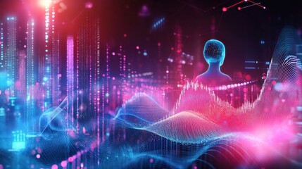 Poster - Futuristic Digital Visualization with Human Silhouette and Data Waves