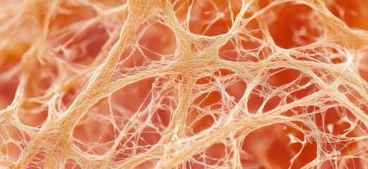 Poster - Microscopic view of fibrous network, intricate web of fibers, orange background, organic structure, cellular detail