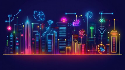 Poster - Vibrant Neon Cityscape with Futuristic Technology and Connectivity