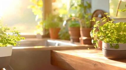 Wall Mural - Vibrant indoor plant arrangement in a cozy kitchen setting