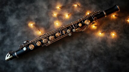 Poster - Ornate Woodwind Instrument with Golden Accents and Fairy Lights