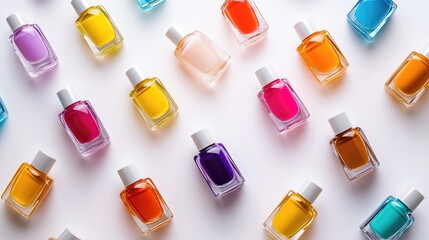 Poster - Vibrant Display of Colorful Glass Perfume Bottles on White Background