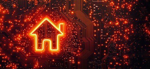 Poster - Home icon glowing on circuit board, digital technology concept, vibrant orange lights, abstract background