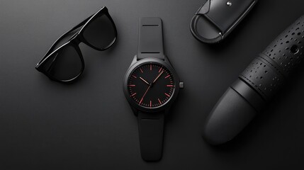 Poster - Elegant Black Watch with Accessories on Dark Surface Background