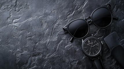 Poster - Black Sunglasses and Watch on Dark Stone Background Surface