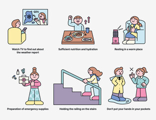 Poster - a winter preparation guide to staying healthy this winter. cuttiny character with outline.