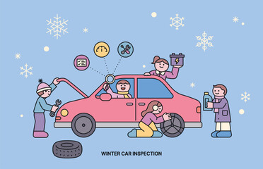 Poster - people are checking their cars to prepare for possible car accidents during the cold winter season. 