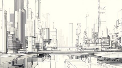 Poster - a futuristic cityscape featuring abstract, linear architecture and reflective surfaces.