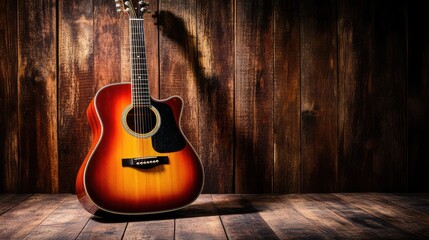 Poster - Acoustic guitar resting on wooden floor against rustic background
