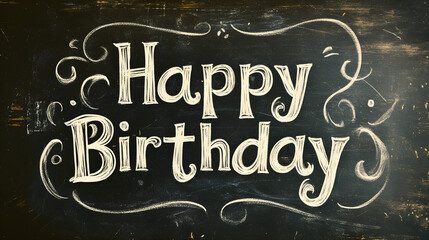 Poster - 'Happy Birthday' in a chalkboard font, with light chalk dust around the letters