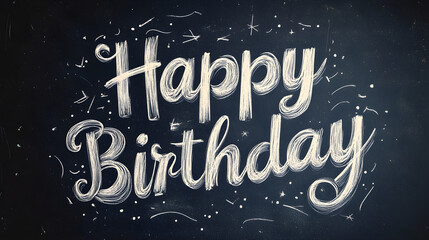 Poster - 'Happy Birthday' in a chalkboard font, with light chalk dust around the letters