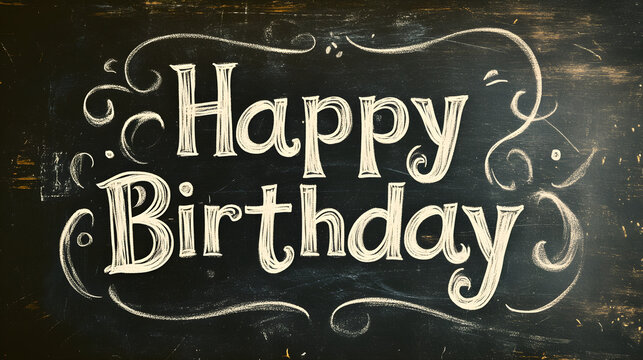 'Happy Birthday' in a chalkboard font, with light chalk dust around the letters