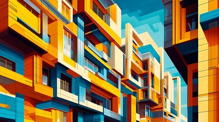 Poster - A vibrant, abstract depiction of modern architectural structures with geometric shapes and colors.
