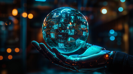 Poster - A robotic hand gently cradles a translucent sphere filled with glowing data points, symbolizing artificial intelligence and technological advancement. The background is a blurred cityscape at night