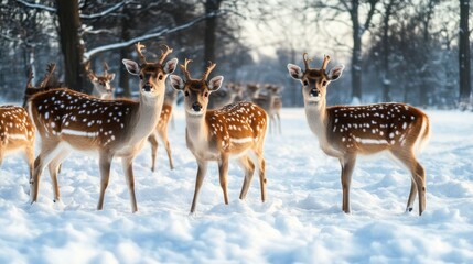 Wall Mural - tranquil winter forest with majestic fallow deer and peaceful snowy landscape
