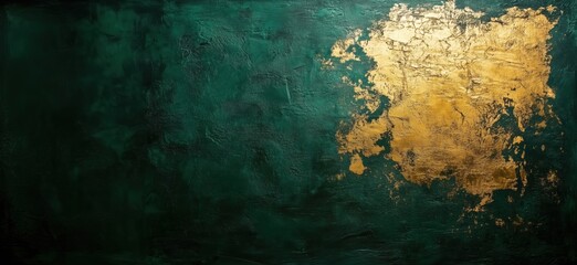 Poster - Abstract green and gold artwork with textured surface, rich emerald green background, striking gold leaf accents, modern aesthetic