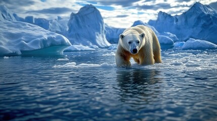 Wall Mural - polar bear swimming in icy arctic waters with stunning icebergs and glaciers in the background, show