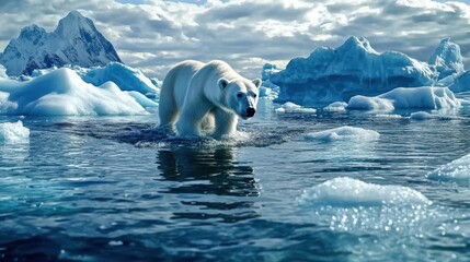 Wall Mural - majestic polar bear navigating through icy arctic waters with a backdrop of snow-capped mountains an