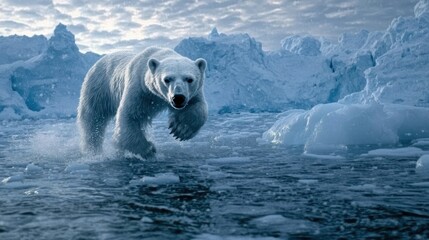 Wall Mural - powerful polar bear running through icy water with snowy mountains and glaciers in the background, s