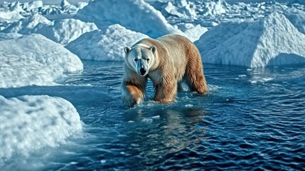 Wall Mural - majestic polar bear navigating icy waters in the arctic wilderness, amidst ice floes and snow, highl