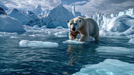 Wall Mural - large male polar bear walking through icy water with large icebergs and glaciers in the background, 