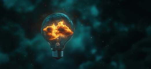 Poster - Light bulb with fiery clouds inside, glowing against dark background, symbolizes creativity and innovation