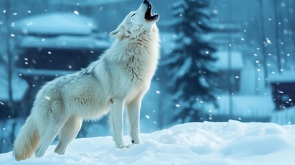 Wall Mural - Stunning arctic wolf howling in the snow with blurred cityscape in the background
