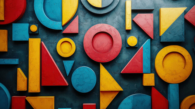 Bold geometric cartoon shapes, including circles, triangles, and squares, rendered in bright contrasting colors with sharp outlines. This playful design creates a vibrant and energetic visual impact.