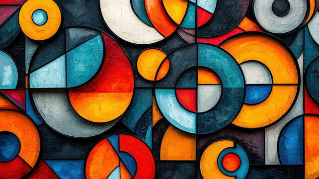 Bold geometric cartoon shapes, including circles, triangles, and squares, rendered in bright contrasting colors with sharp outlines. This playful design creates a vibrant and energetic visual impact.