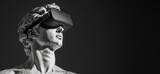 David statue wearing virtual reality headset, modern meets classical art, juxtaposition of technology and sculpture