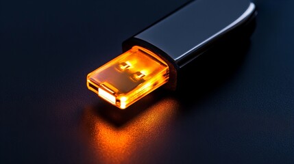 Wall Mural - Close-up of a glowing orange USB flash drive on a dark surface, showcasing its sleek design.