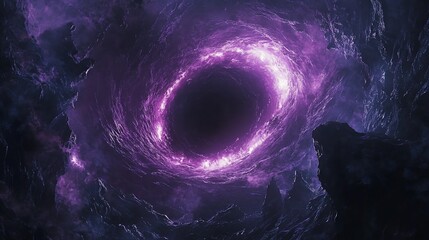 Wall Mural - Glowing purple vortex in dark, rocky landscape.