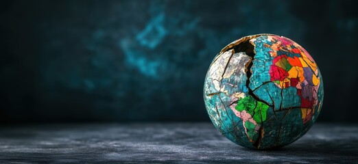 Poster - Cracked globe representing world fragmentation, colorful continents, textured surface, dark background