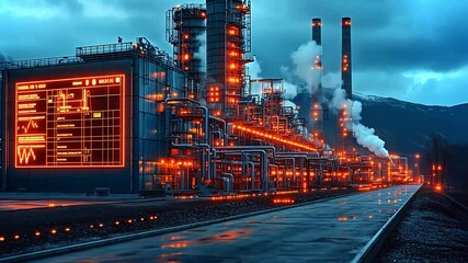 Poster - industrial facility illuminated at dusk with glowing structures and smoke rising from chimneys