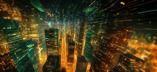 Poster - Futuristic cityscape with glowing skyscrapers and data streams