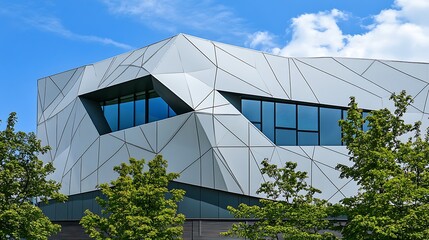 Aufkleber - Modern architectural structure with geometric design and large windows under a blue sky.