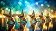 © Man888 - Five Gold Star Awards in a Row Reflecting on a Shiny Surface with a Blurry Blue and Green Hue Background for Celebrating Achievements and Excellence in Performance