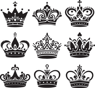 9 set of crown silhouette vector art illustration