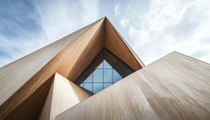 Aufkleber - Modern architectural structure featuring angular wooden elements and large glass panels.