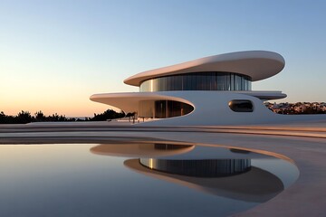 Aufkleber - A modern architectural structure with sleek lines and a reflective pool at sunset.