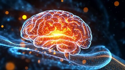Poster - Colorful digital representation of a brain illuminated in vibrant hues against a dark background
