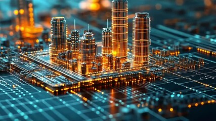 Poster - Digital cityscape illuminated with glowing skyscrapers and futuristic technology